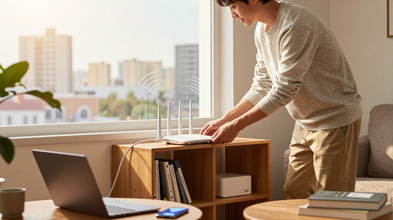 Pessoa a ajustar um router sem fios numa sala com computador portátil e telemóvel numa mesa próxima.