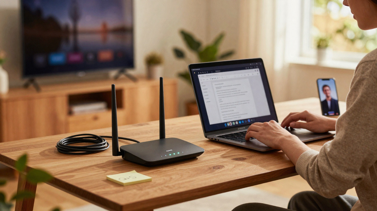 Pessoa a trabalhar num portátil, com um router Wi-Fi e um smartphone numa videochamada numa mesa de madeira.
