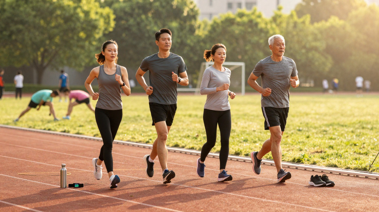 Quatro pessoas a correr numa pista de atletismo ao ar livre, com árvores e luz do sol ao fundo.