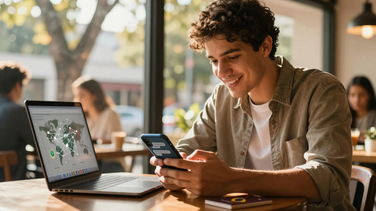 Jovem sorridente usando telemóvel numa cafetaria com computador portátil aberto mostrando mapa de conexões.