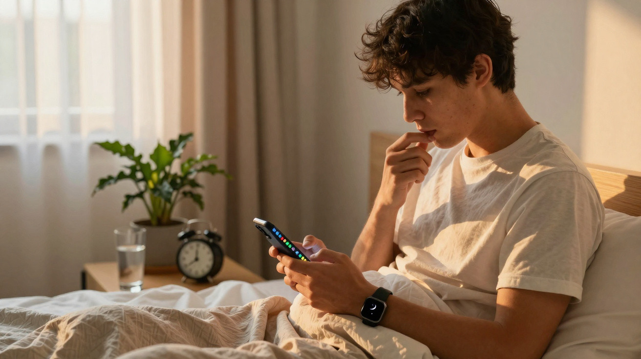 Jovem sentado na cama a olhar preocupado para o telemóvel, com relógio inteligente e planta ao fundo.
