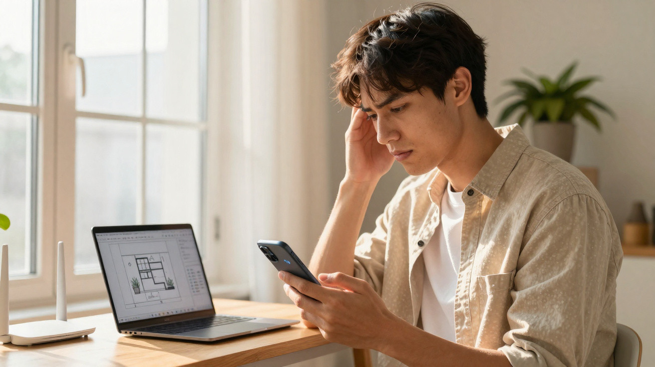 Homem preocupado consulta smartphone sentado numa mesa com portátil e planta ao fundo numa divisão iluminada.
