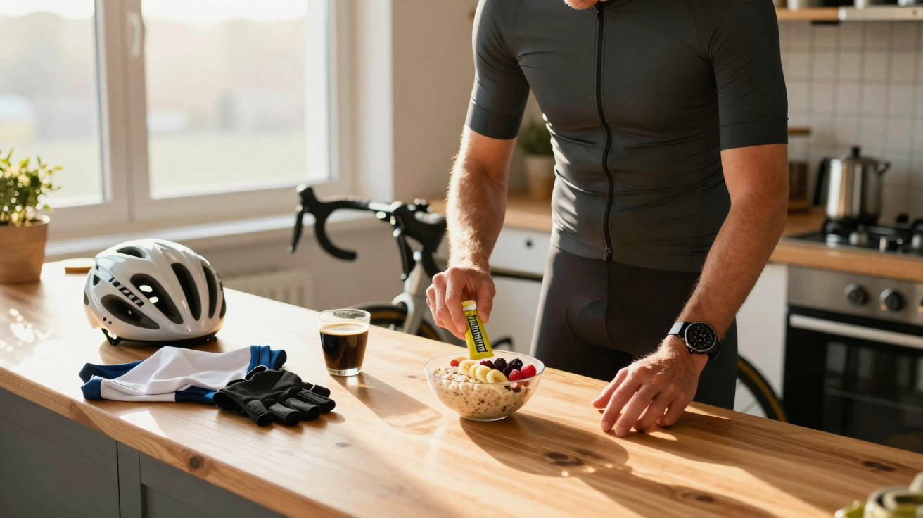 Homem em roupa de ciclismo prepara pequeno-almoço saudável numa cozinha moderna com bicicleta ao fundo.