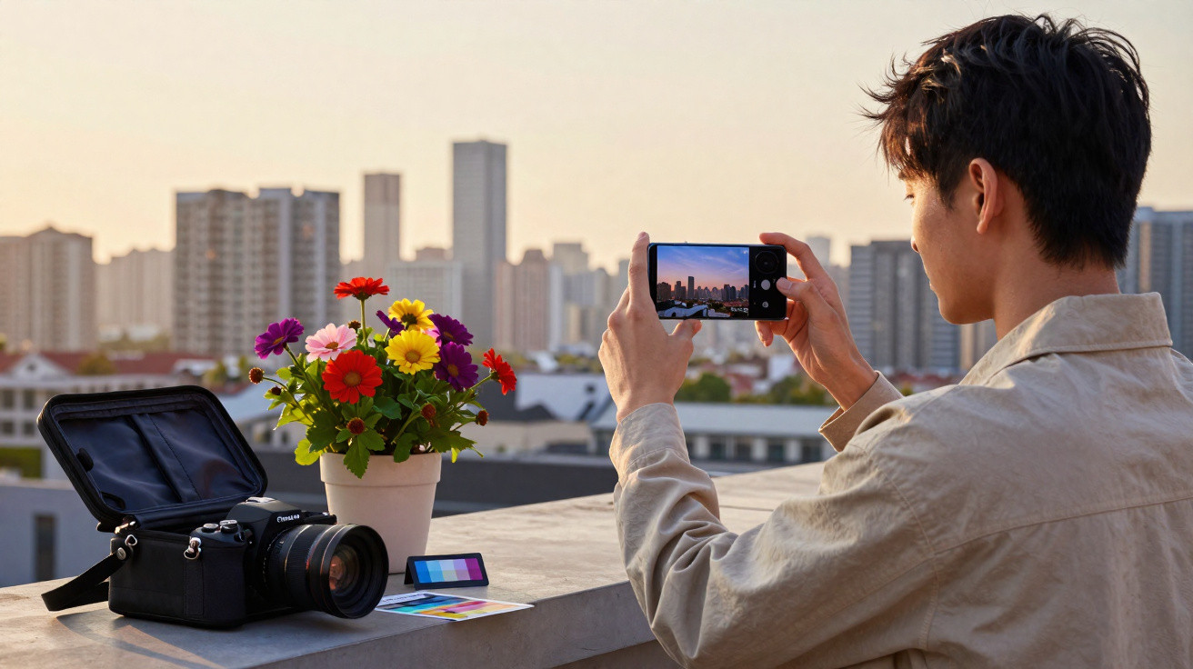 Pessoa a tirar foto do horizonte urbano com smartphone, com câmara e flores coloridas numa varanda.