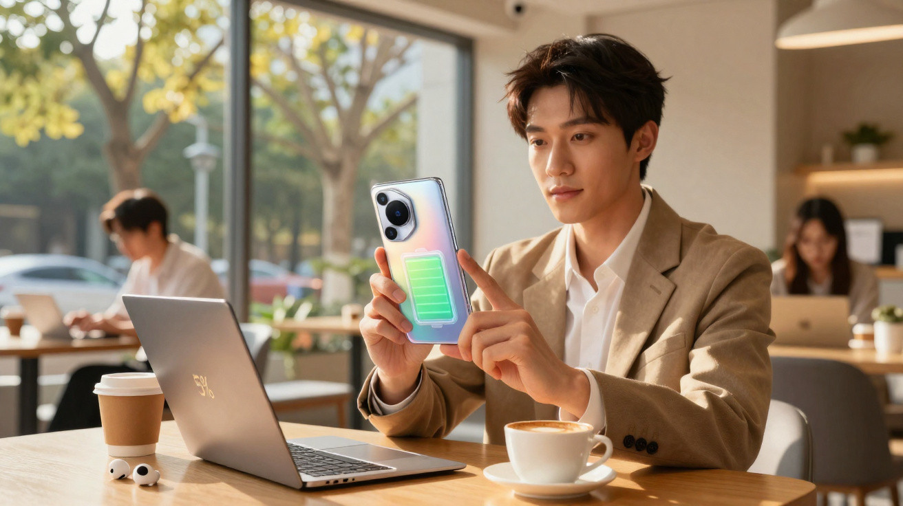 Homem sentado num café a usar smartphone com indicador de bateria cheia e portátil à sua frente.