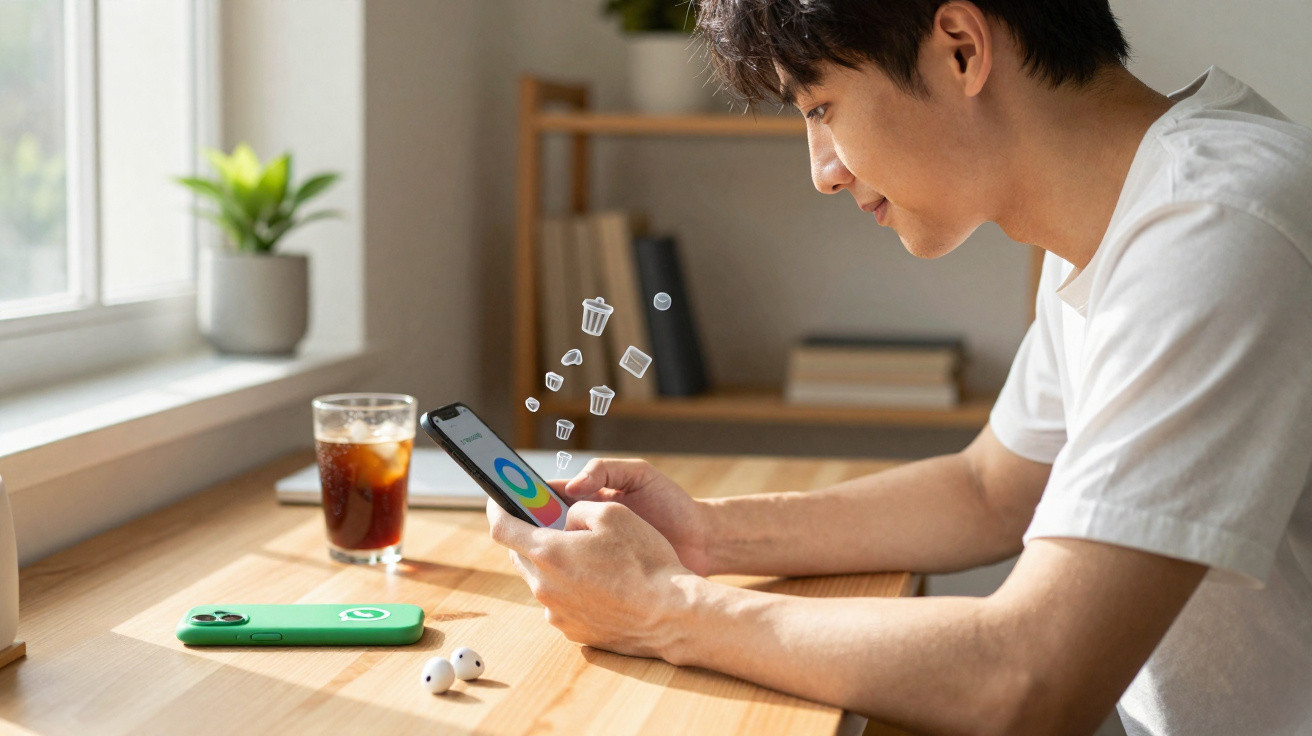 Homem sentado numa mesa a usar smartphone com elementos gráficos digitais a sair do ecrã.