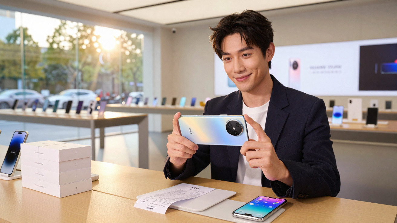 Homem sorridente a segurar smartphone branco numa loja de telemóveis moderna e bem iluminada.