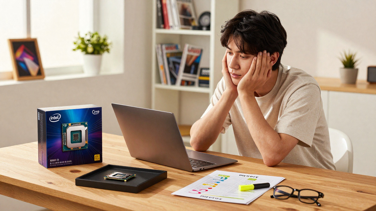 Jovem sentado à secretária a olhar para computador, com processador Intel na mesa e anotações coloridas.