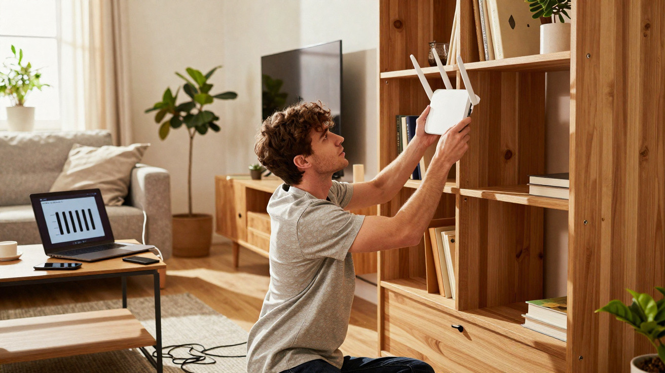 Homem a instalar um router sem fios numa estante numa sala de estar moderna e iluminada.