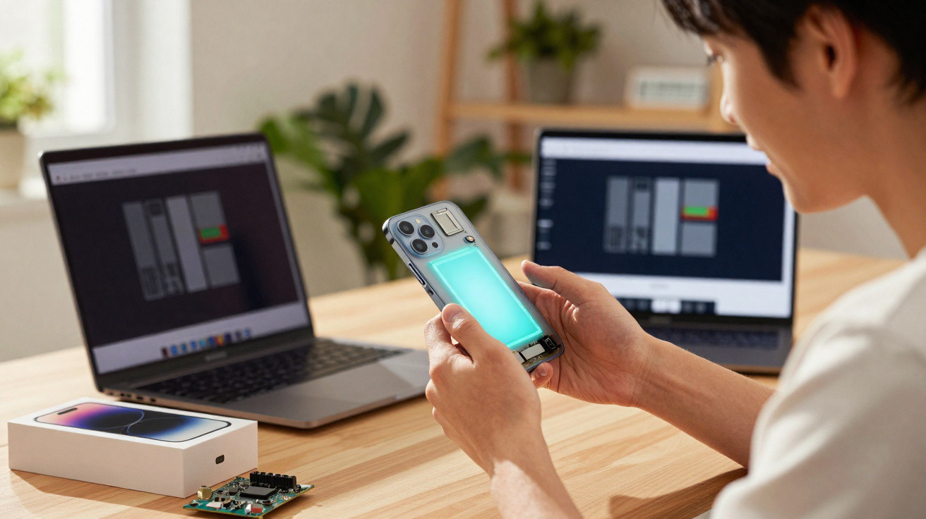 Pessoa a segurar um smartphone com luz azul no interior, com dois computadores portáteis abertos numa mesa.