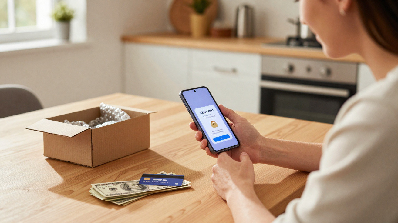 Pessoa a usar smartphone para confirmar pagamento online com caixa aberta, dinheiro e cartão na mesa de cozinha.