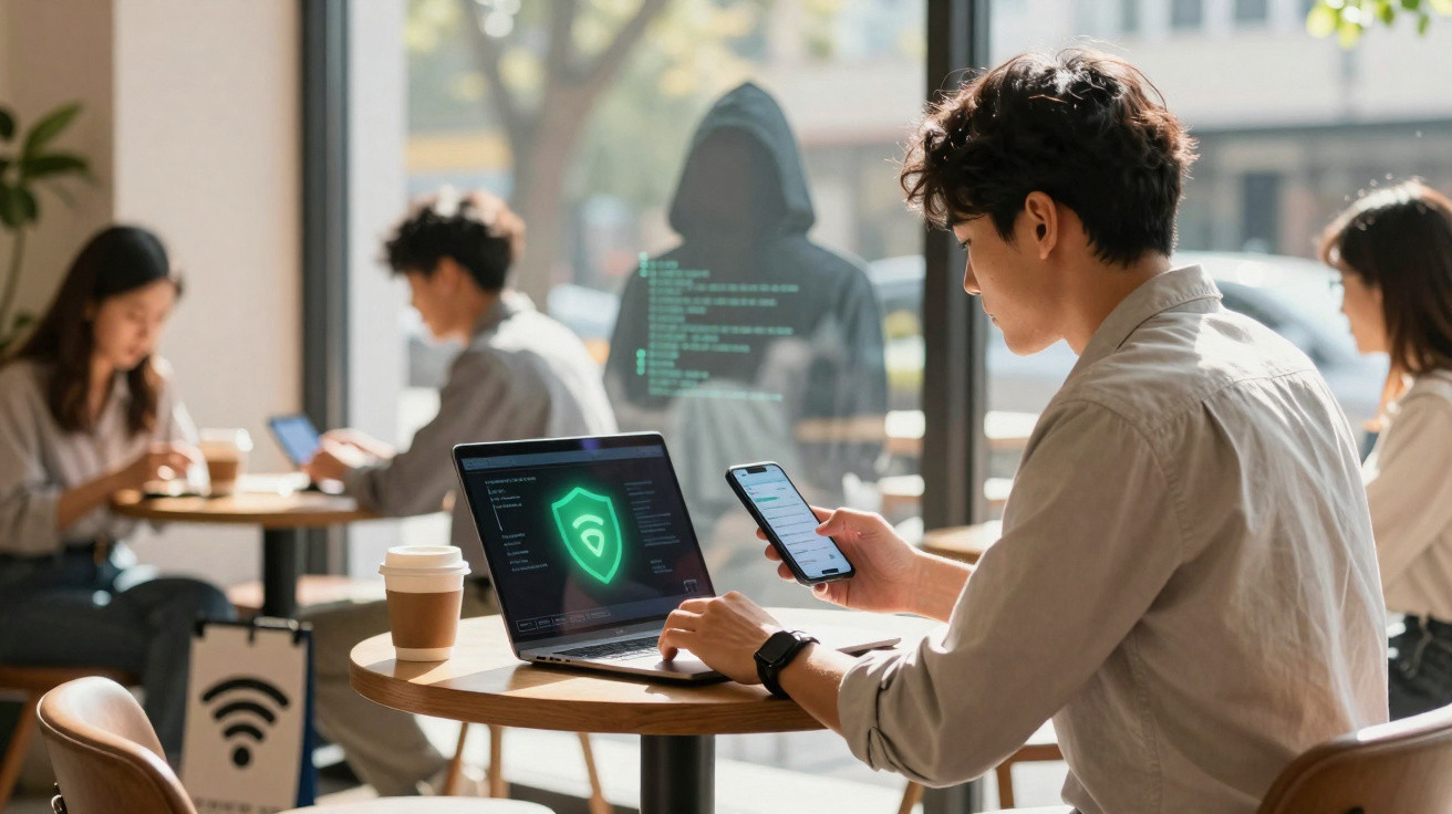 Pessoa a usar computador e telemóvel num café com alerta de segurança cibernética no ecrã do portátil.