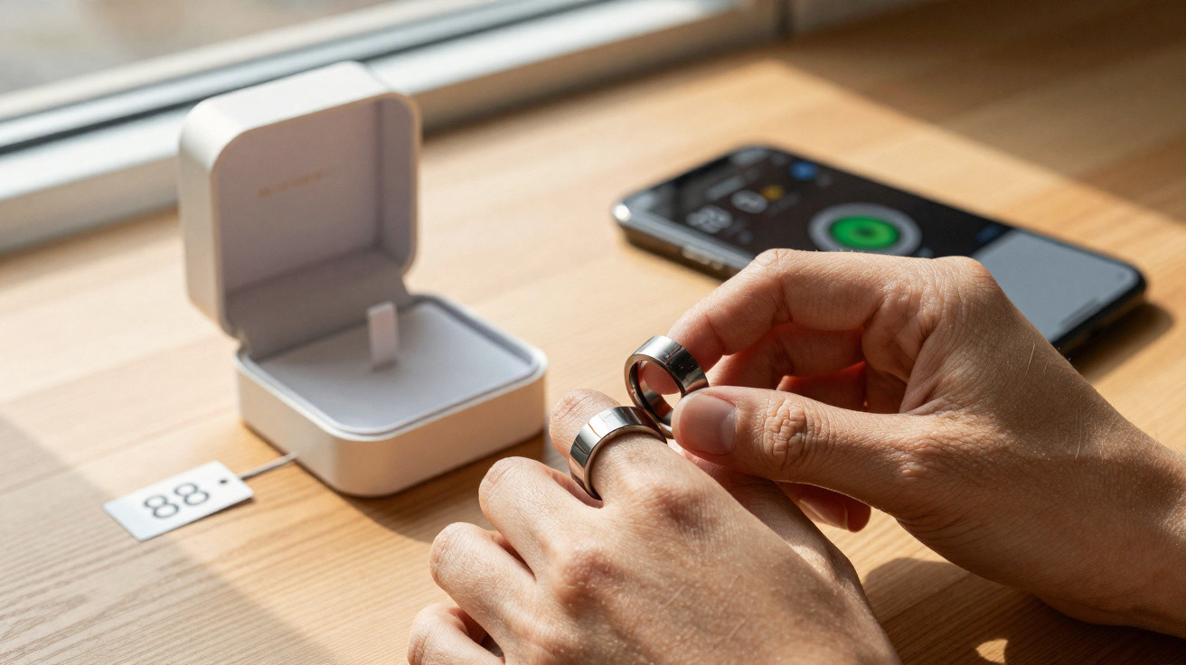 Mãos a vestir anéis metálicos inteligentes junto a estojo branco aberto e smartphone numa mesa de madeira.