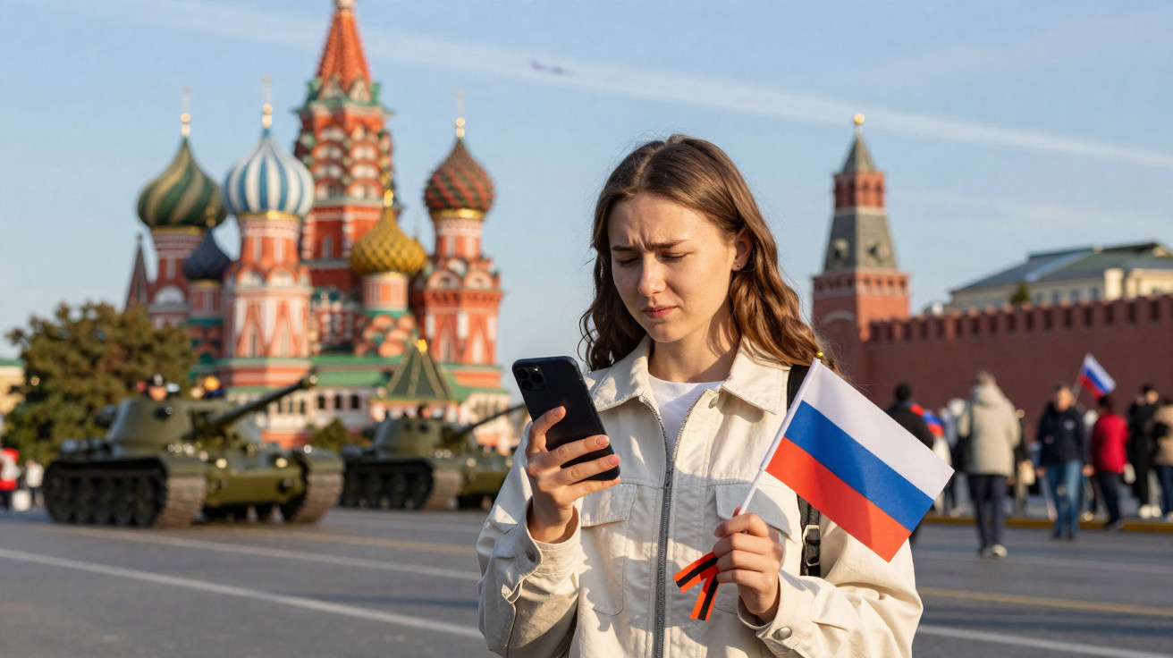 Jovem mulher segurando bandeira da Rússia e telefone com tanques e a Catedral de São Basílio ao fundo em Moscovo.