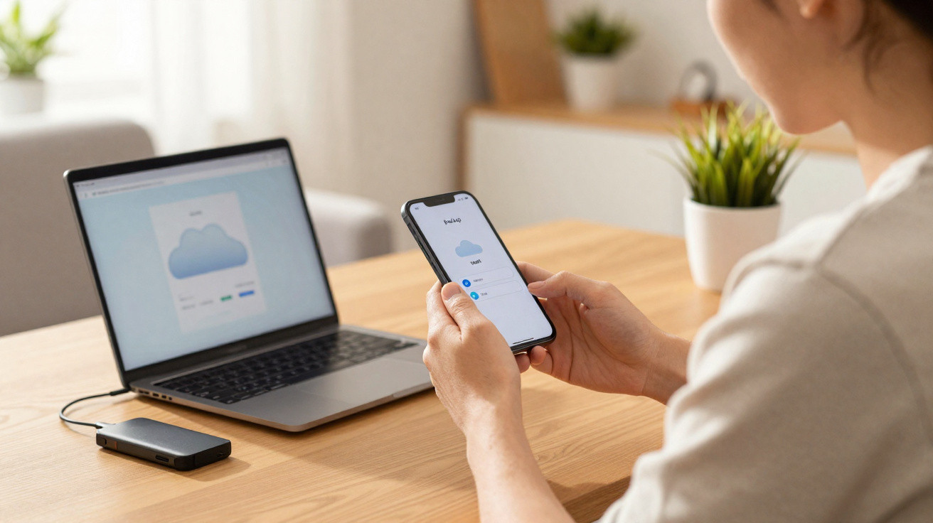 Pessoa a usar telemóvel e portátil com aplicação de armazenamento na cloud numa mesa de madeira clara.