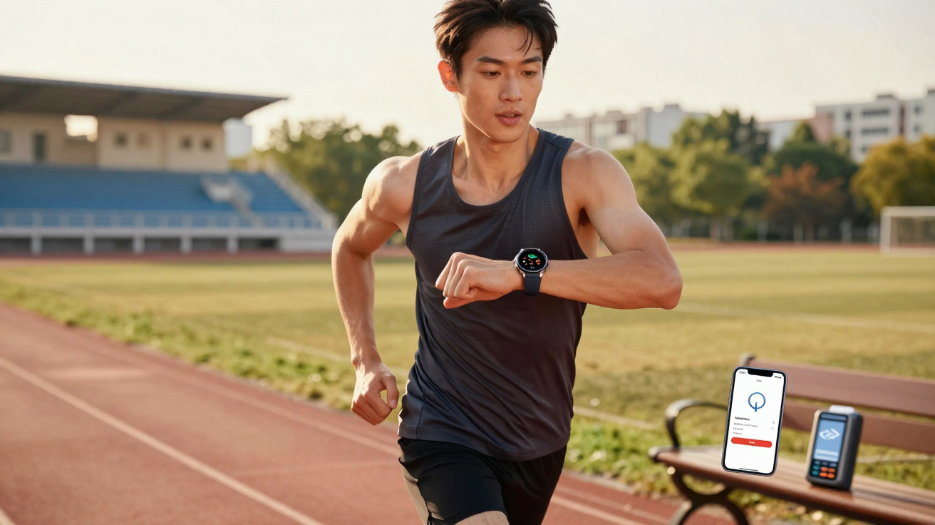 Homem a correr numa pista de atletismo a olhar para um relógio inteligente no pulso esquerdo.