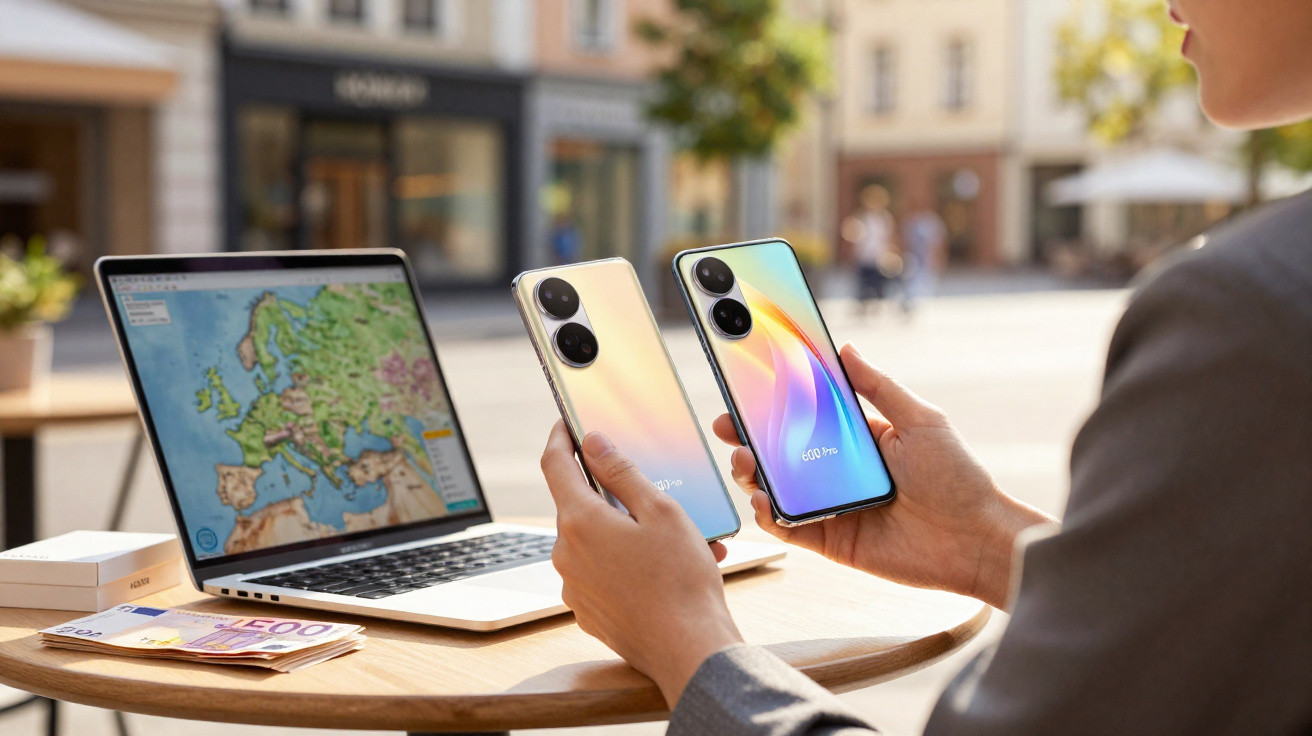 Pessoa segura dois telemóveis HONOR 60 Pro sentada numa mesa com computador portátil a mostrar mapa da Europa.