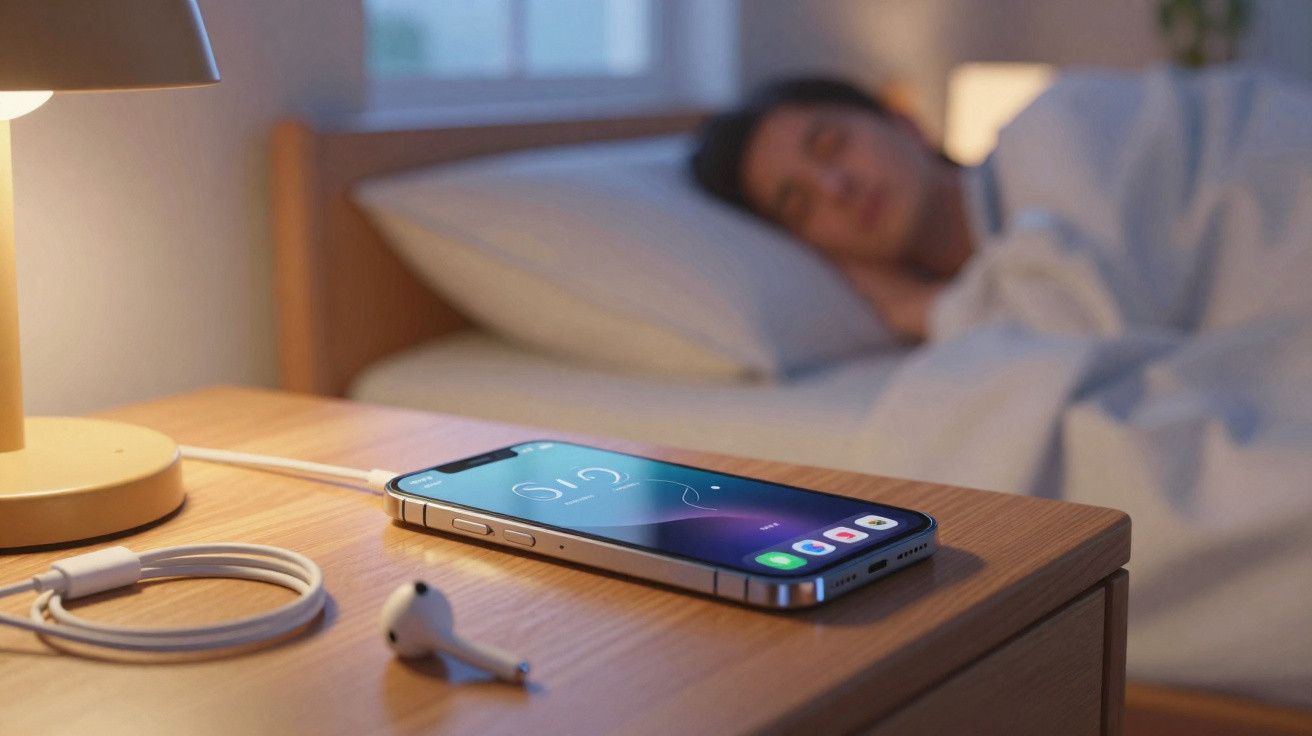 Pessoa a dormir numa cama com smartphone e auricular sem fios numa mesa de cabeceira iluminada à noite.