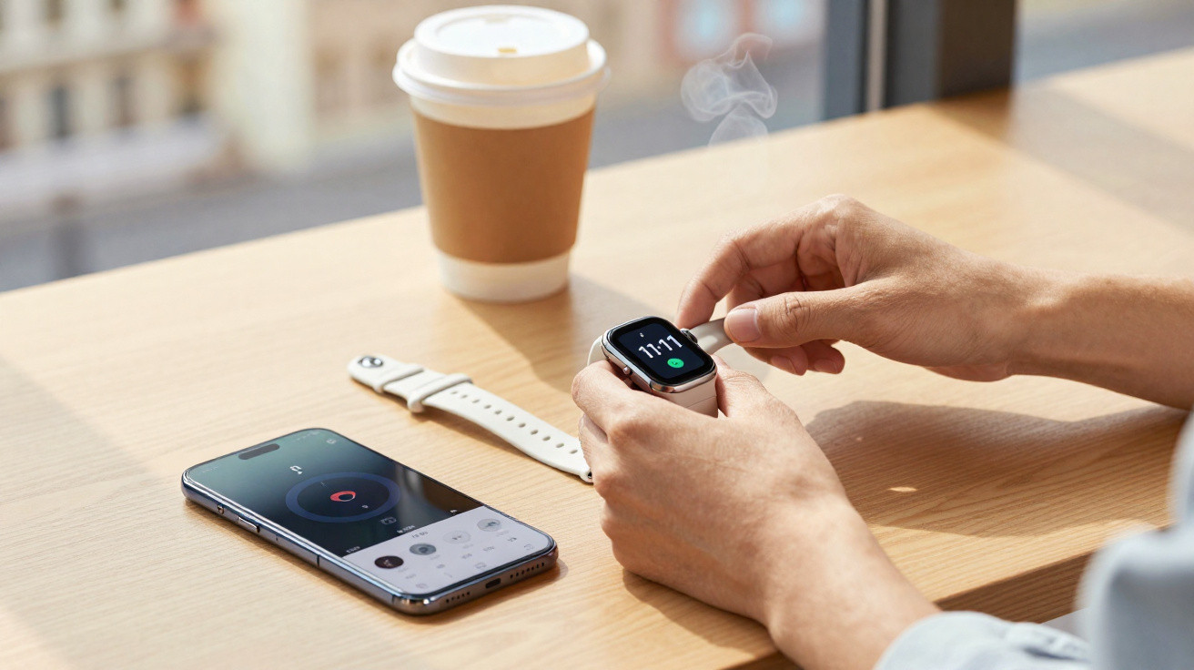 Pessoa a ajustar relógio inteligente numa mesa com telemóvel e copo de café descartável.