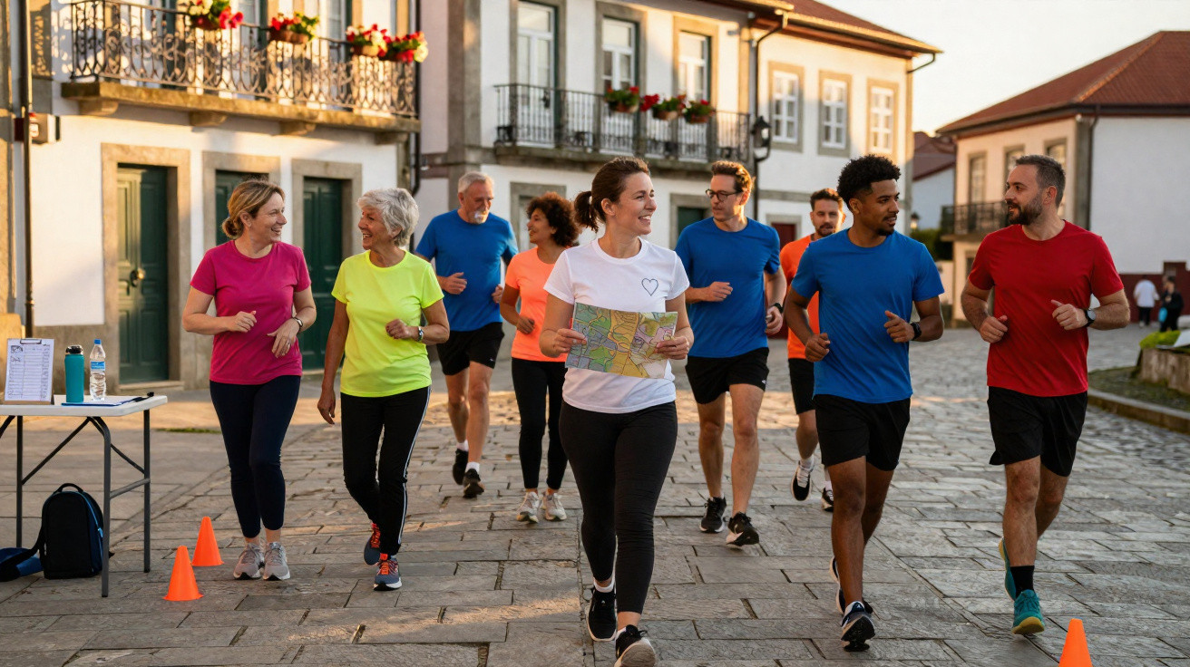 Grupo diverso de pessoas a correr e caminhar numa rua de pedra com casas ao fundo ao entardecer.