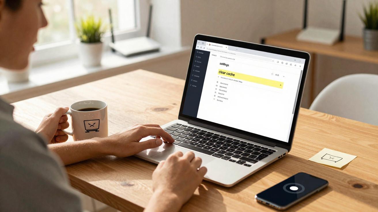 Pessoa a usar computador portátil com página de definições de limpeza de cache aberta, com telemóvel e chávena numa mesa de m