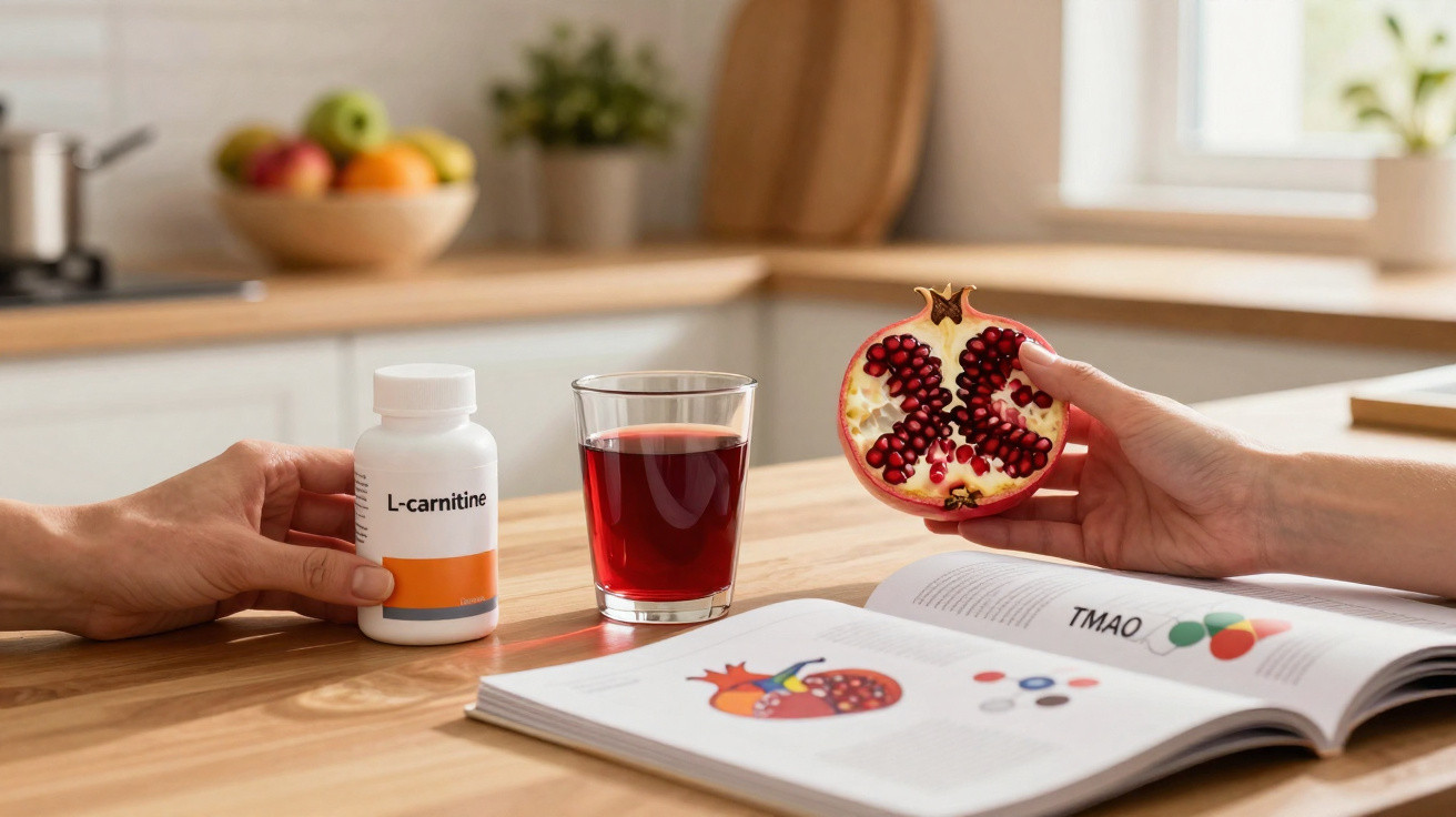 Mãos seguram suplemento de L-carnitina e romã partida sobre mesa com copo de sumo e livro aberto na cozinha.