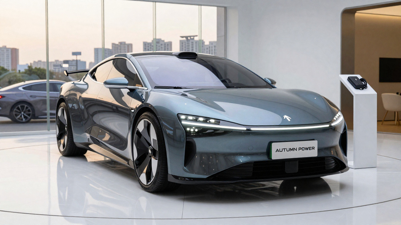 Carro desportivo elétrico cinzento com design futurista exposto em showroom moderno e minimalista.