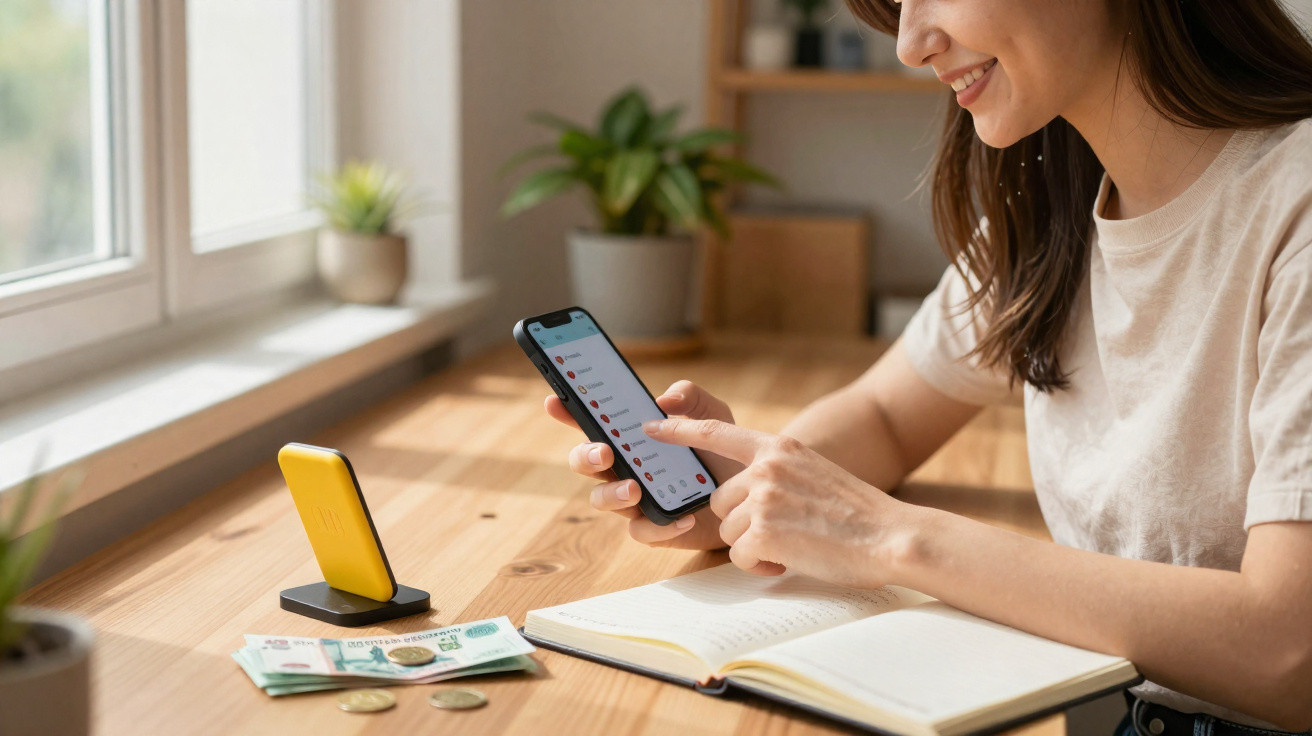 Mulher sorridente a usar smartphone e consultar aplicação, com caderno, notas e moedas numa mesa de madeira.