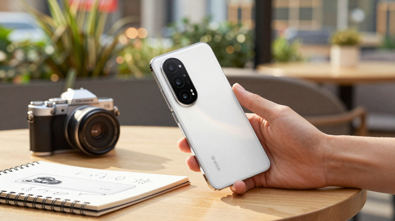 Pessoa segurando smartphone branco perto de mesa com câmara fotográfica e caderno de desenho aberto.