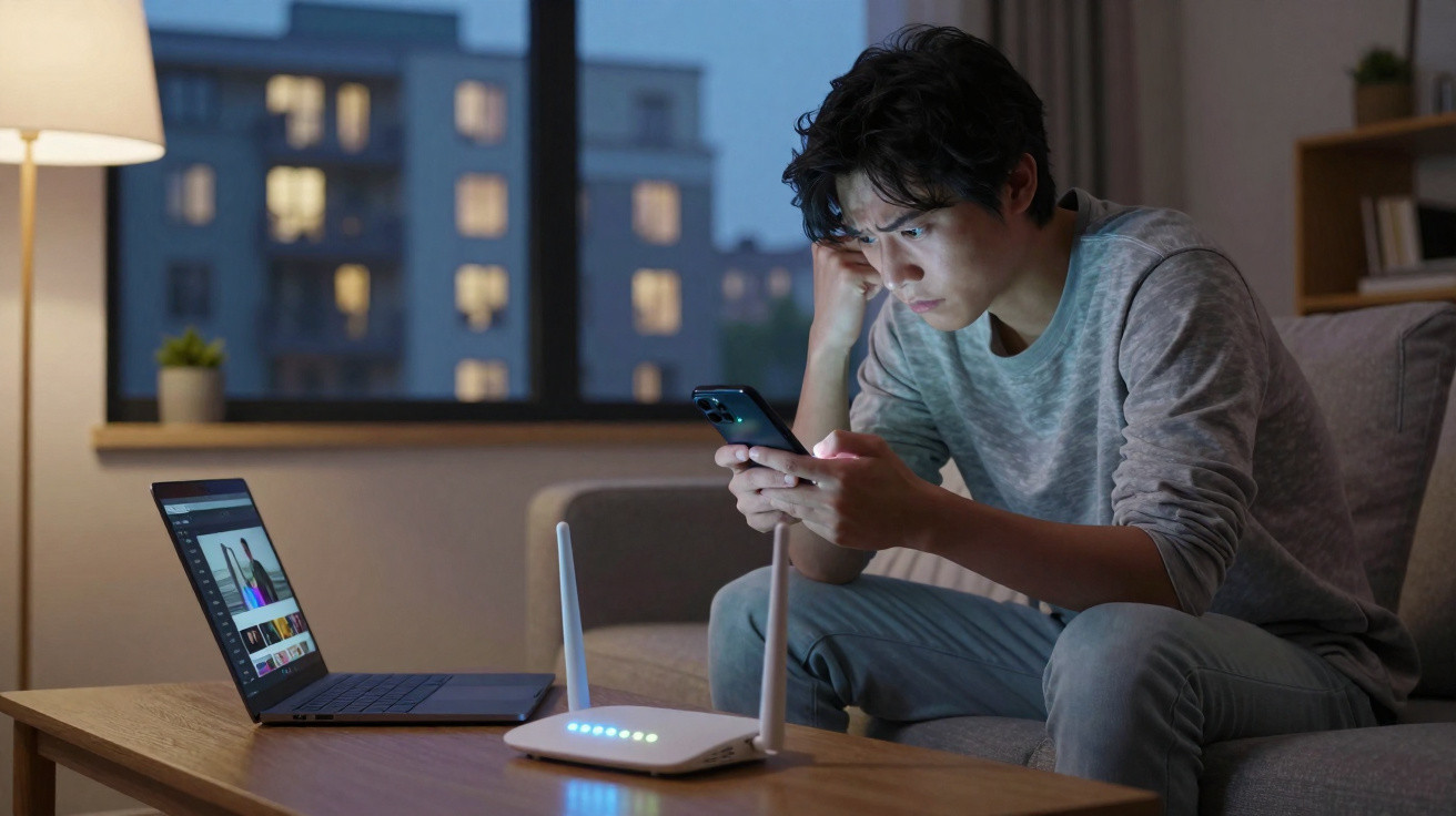 Jovem sentado no sofá a olhar preocupado para o telemóvel com um router e portátil numa mesa à frente.