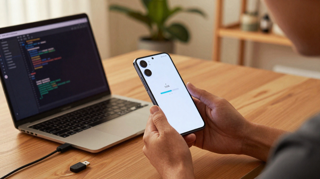 Pessoa a segurar um smartphone com ecrã a mostrar progresso de carregamento, ao lado de portátil com código aberto.