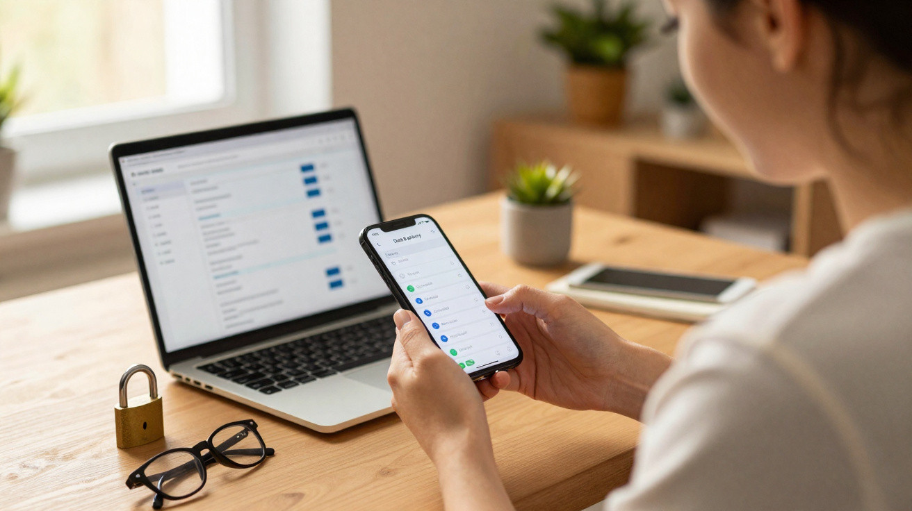 Pessoa a consultar definições de dados no telemóvel, com portátil e utensílios numa secretária.