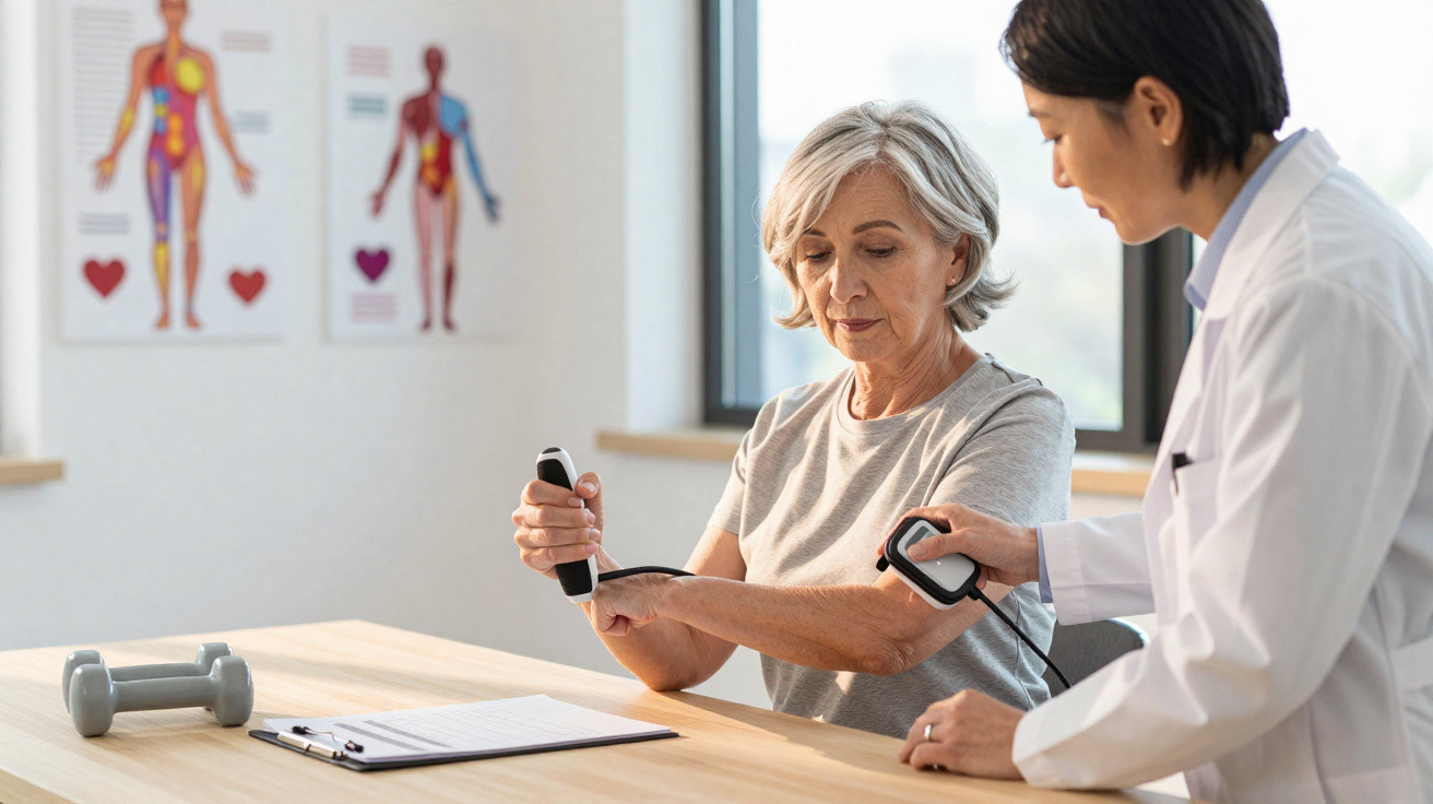 Paciente sénior a fazer fisioterapia com monitorização por profissional de saúde num consultório.