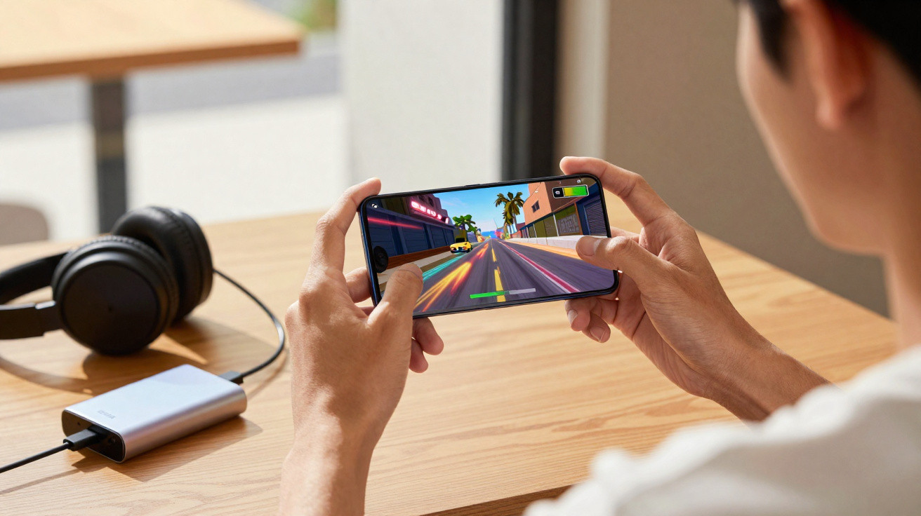 Pessoa a jogar videojogo de corrida num smartphone numa mesa com auscultadores e disco rígido externo.