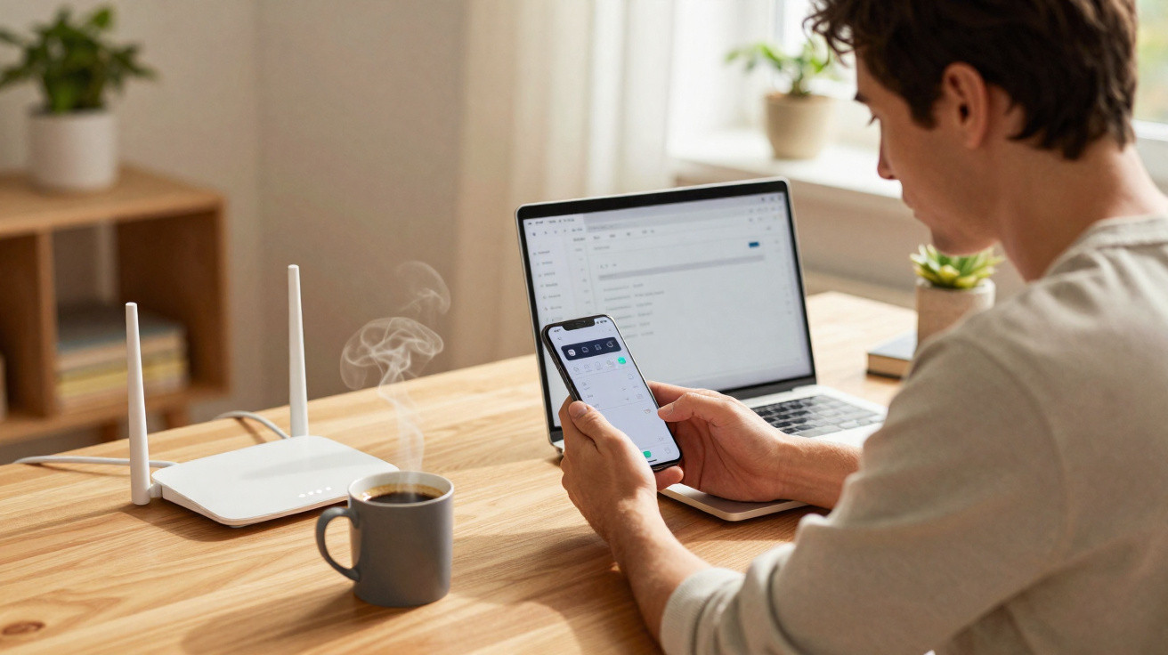 Pessoa a usar telemóvel com computador portátil e router na secretária, junto a uma chávena de café fumegante.