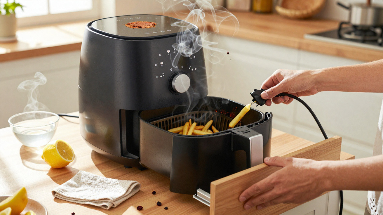Máquina de fritar a ar preta em bancada de cozinha com batatas fritas e mãos a desligar a ficha.