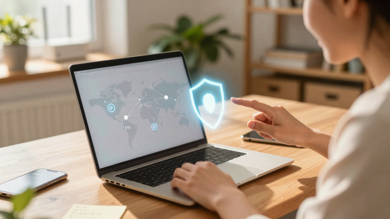 Pessoa a interagir com computador portátil que mostra mapa mundial e ícone de segurança digital.