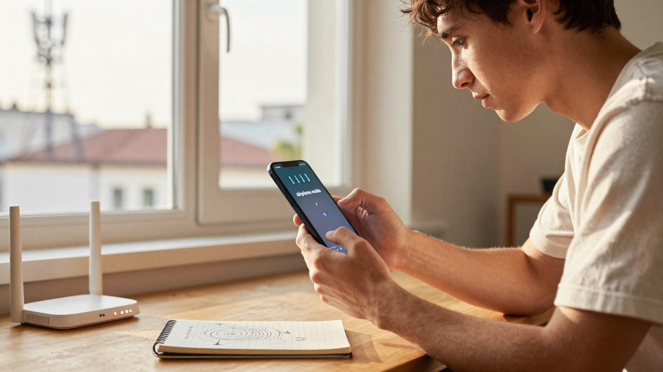 Jovem sentado numa mesa a consultar a ligação Wi-Fi no telemóvel, com router e caderno à frente.