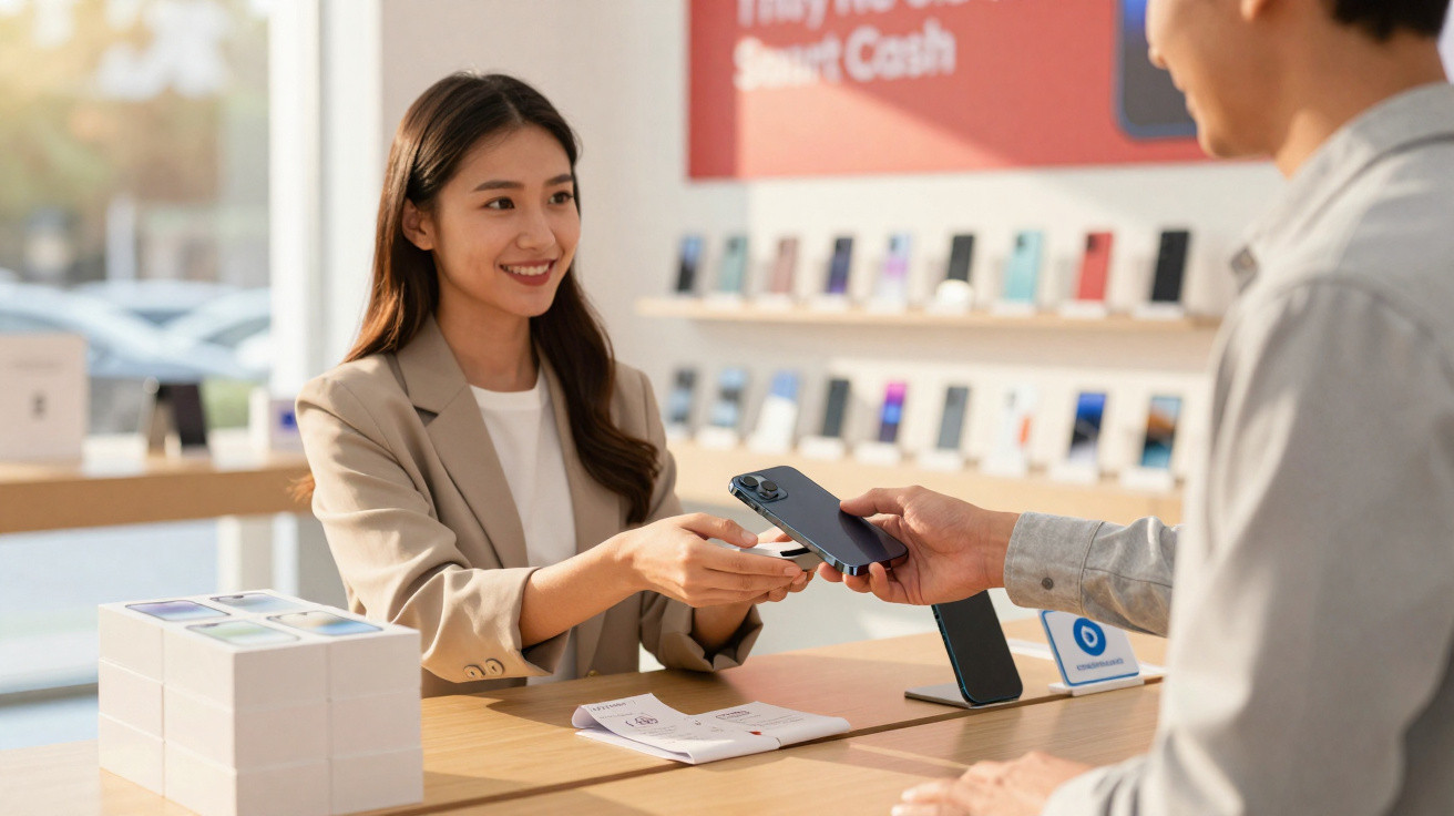 Mulher a sorrir entrega um telemóvel a um cliente numa loja de eletrónica com vários telemóveis expostos.