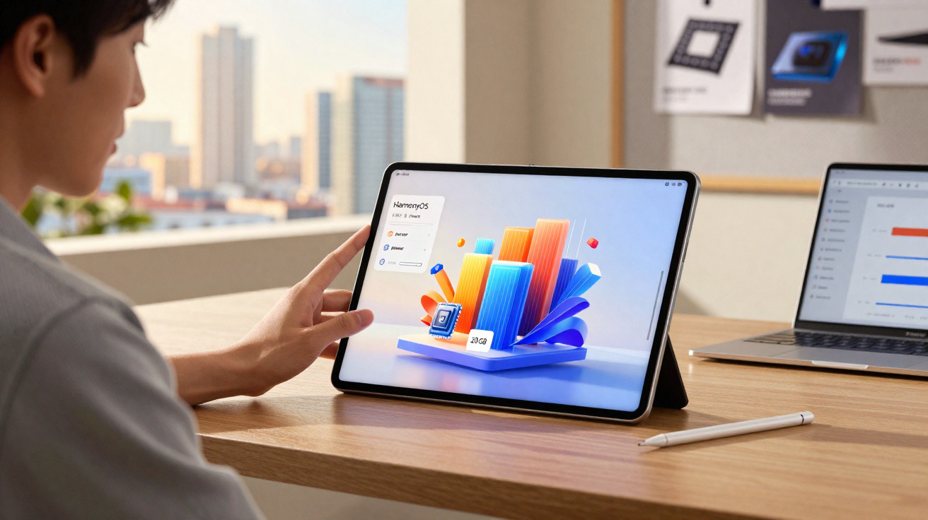 Pessoa a interagir com tablet num escritório, com gráfico colorido e computador portátil à frente.