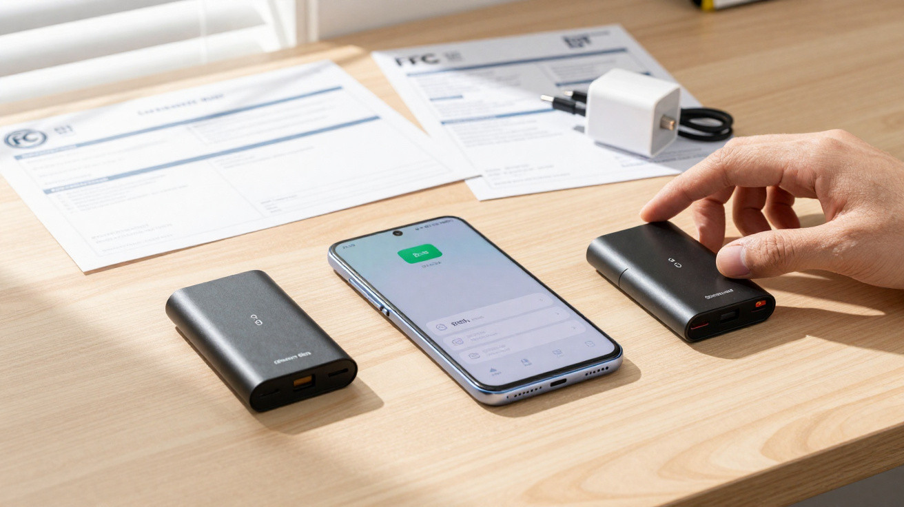 Mesa de madeira com smartphone, dois carregadores portáteis pretos e documentação técnica.