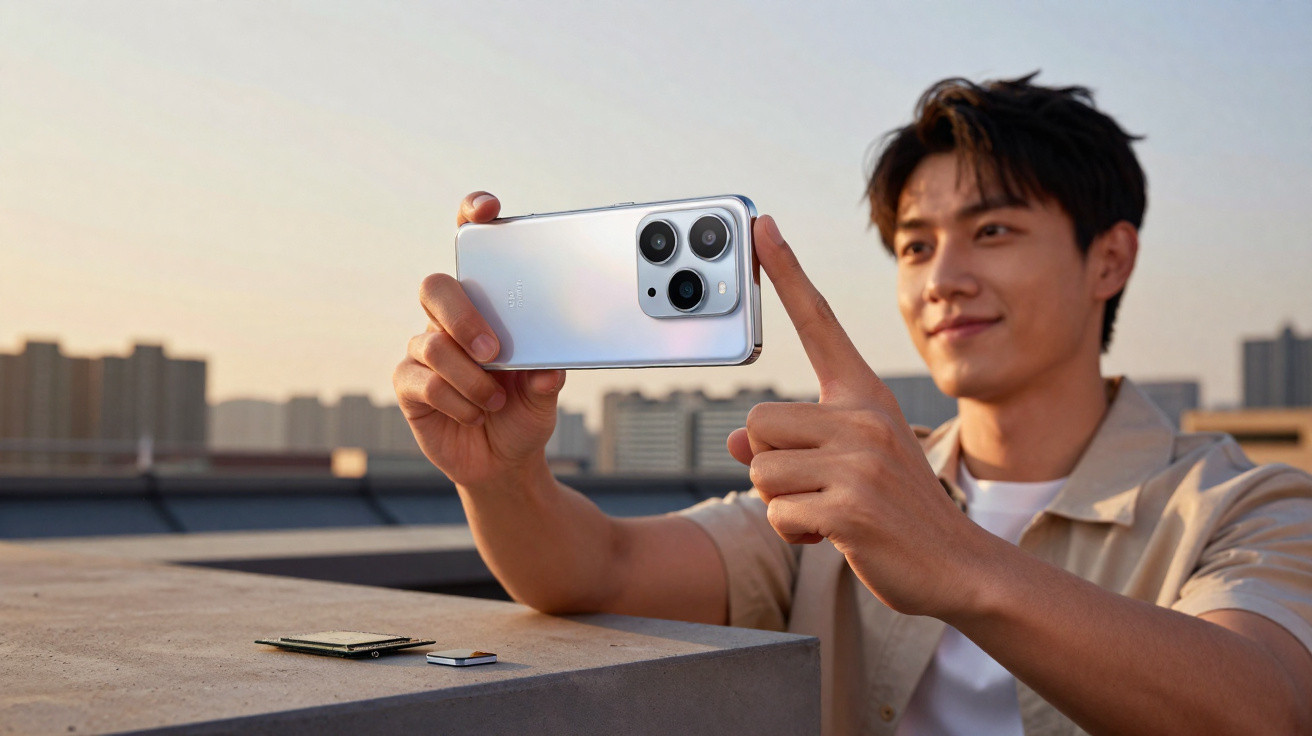 Homem a segurar smartphone branco para tirar foto, com peças eletrónicas em destaque no primeiro plano.