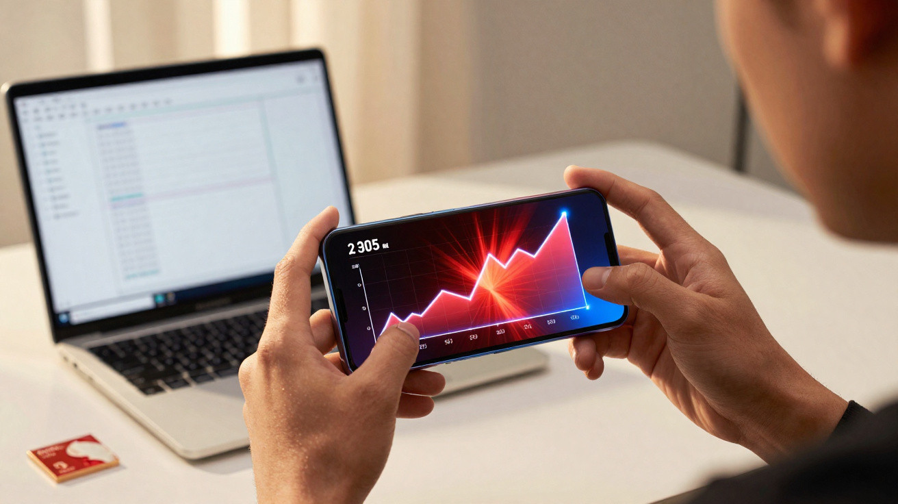 Pessoa a segurar telemóvel com gráfico de linha ascendente, com computador portátil aberto ao fundo.