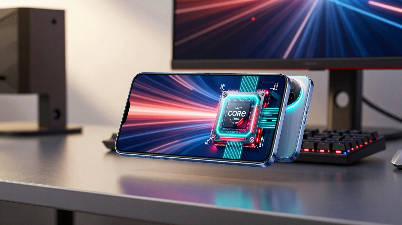 Smartphone azul exibindo ilustração de chip Intel Core sobre secretária com teclado e monitor.