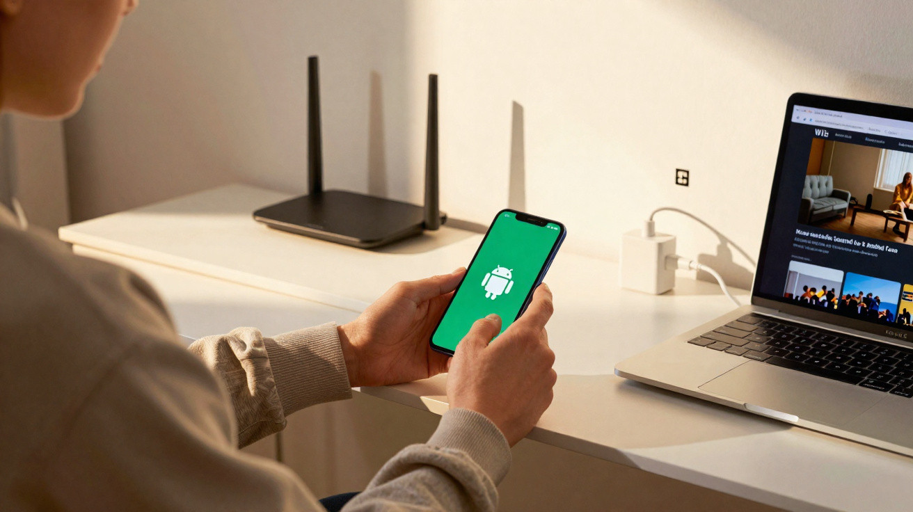 Pessoa segurando um telemóvel com o logótipo do Android, ao lado de um computador portátil e de um router.