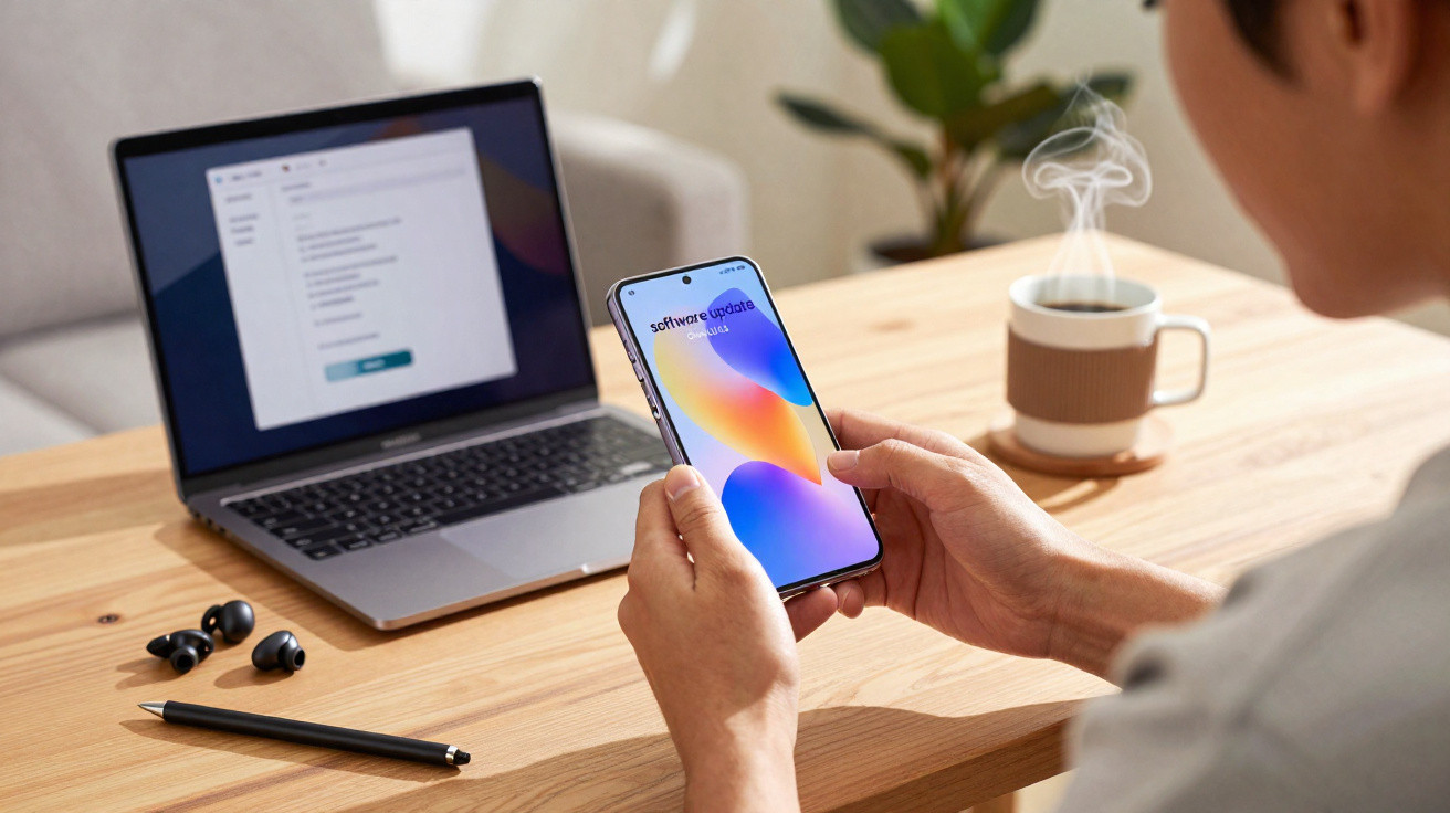 Pessoa segurando telemóvel com atualização de software, computador portátil, caneca com bebida quente e auriculares numa mesa