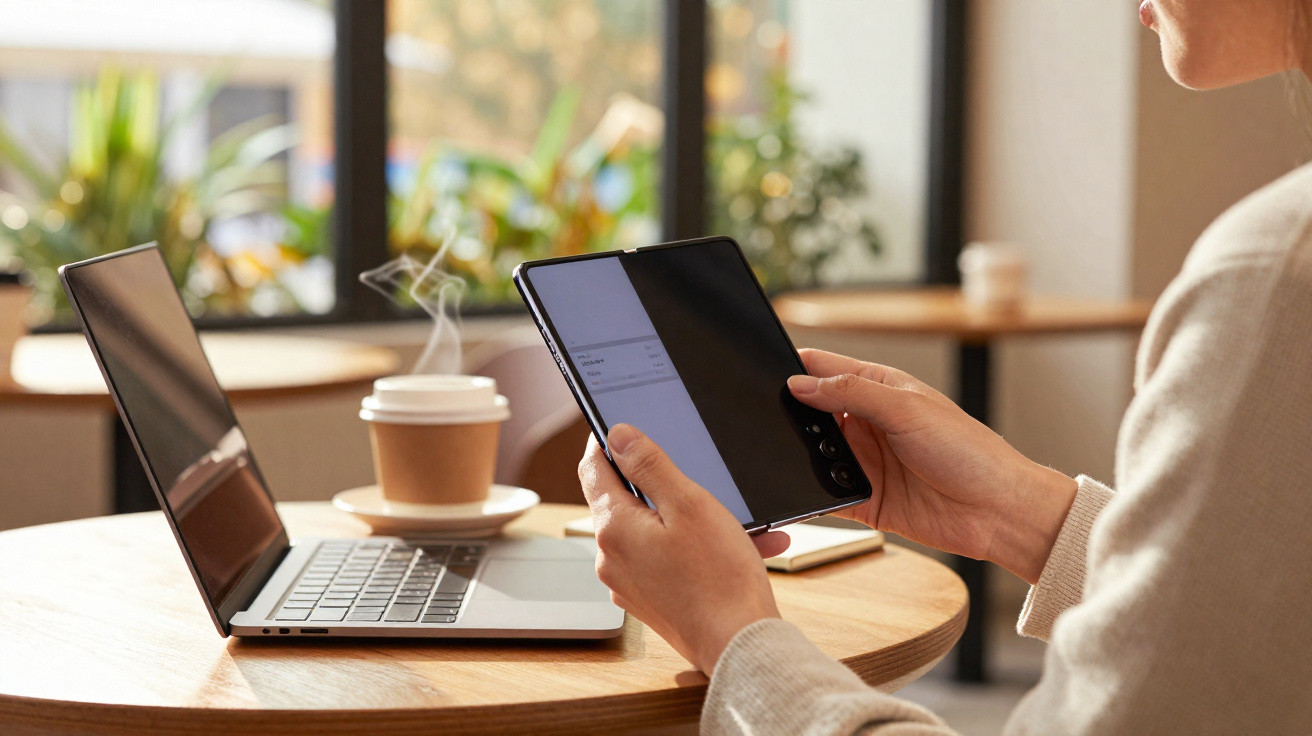 Pessoa a usar smartphone dobrável sentado numa mesa com portátil e chá a vapor num café.