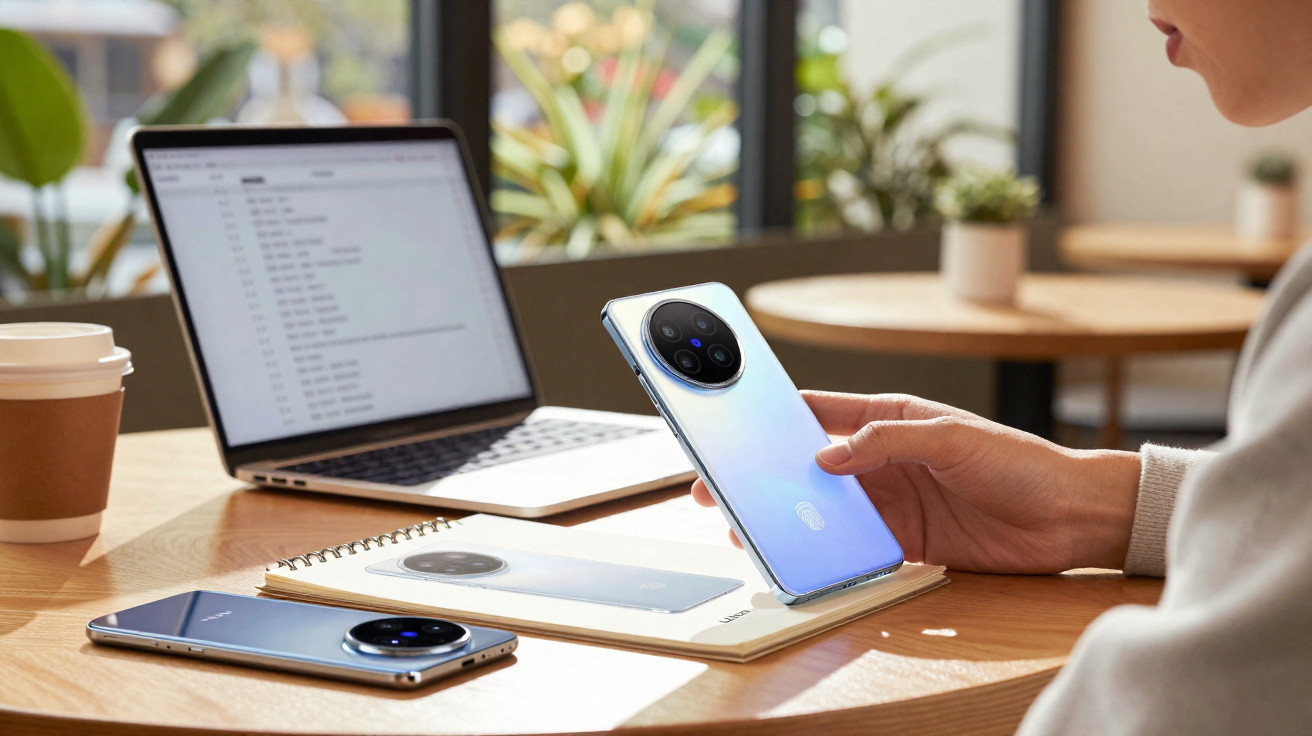 Pessoa a segurar smartphone com capa azul, ao lado de outro telemóvel, laptop e café numa mesa de madeira.