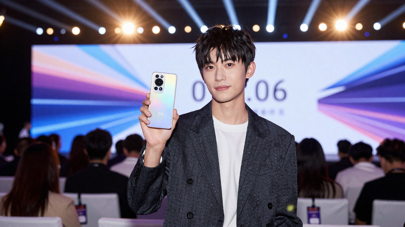 Homem jovem em evento segura smartphone com câmara tripla, público e ecrã luminoso ao fundo.