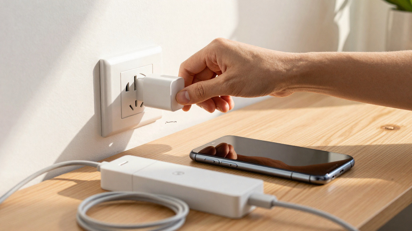 Mão a ligar carregador na tomada numa mesa de madeira com telemóvel e extensão à vista.